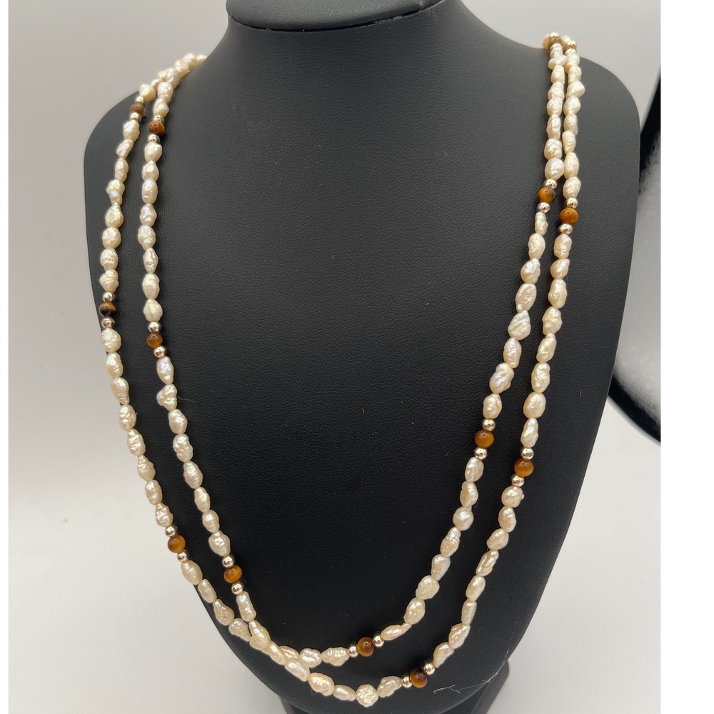 Vtg Rice Pearl Tiger Eye Beaded 2-Strand 18" Necklace silver tone clasp‎